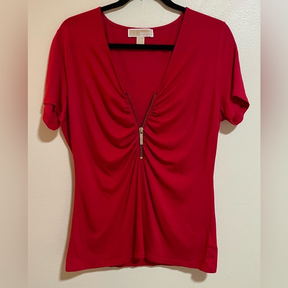 Michael Kors Tops - MICHAEL KORS Half Zip Ruched Short Sleeve Red Shirt, size L